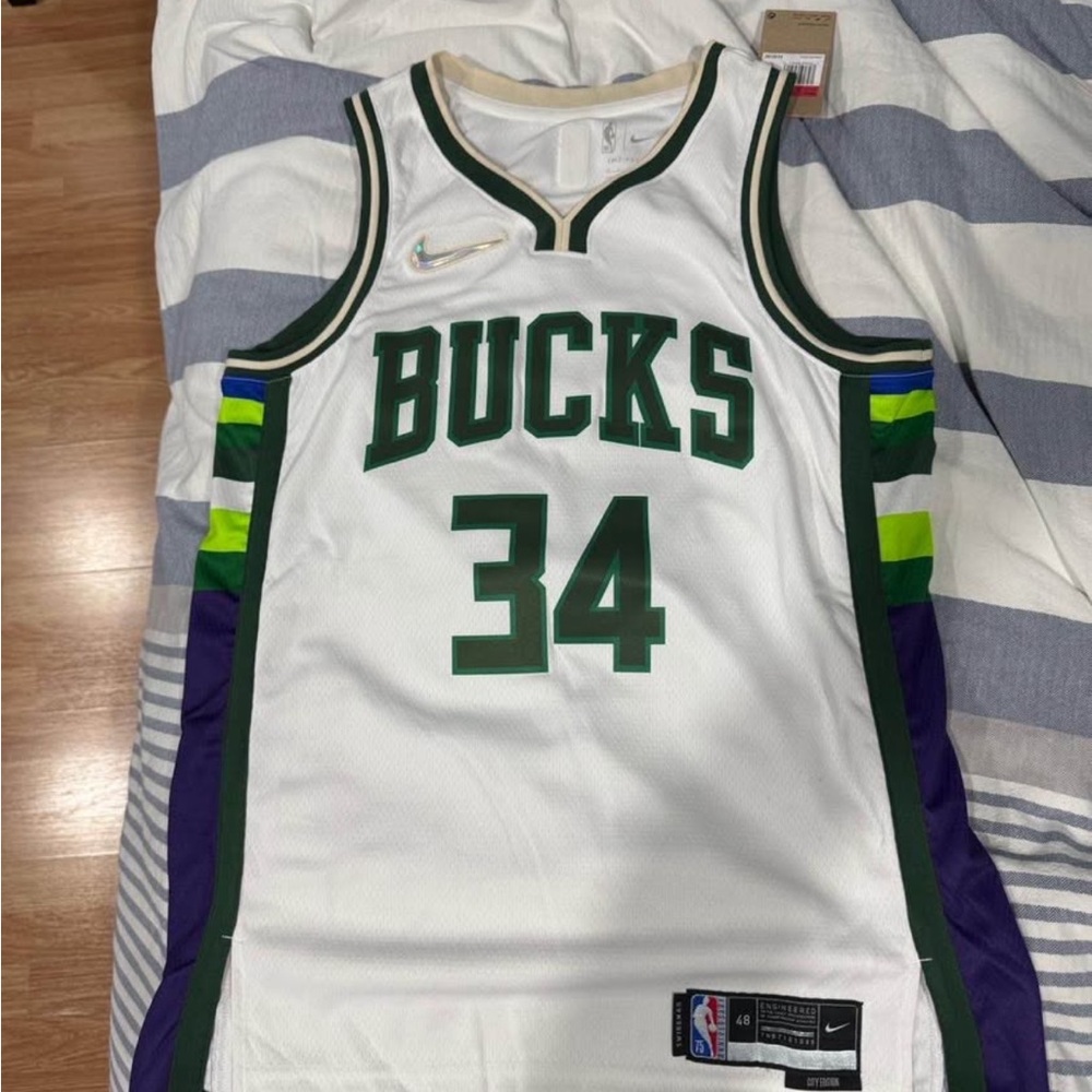 NBA White Milwaukee Bucks Jersey with Green and Cream Trim